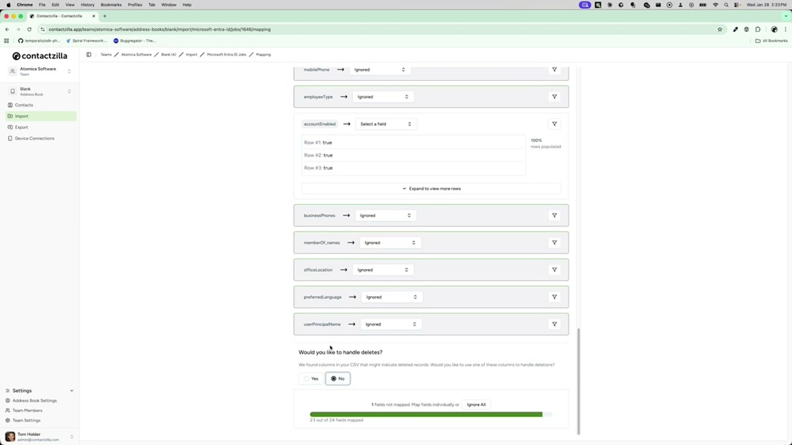 Import process showing how Contactzilla matches records using the hidden Microsoft ID unique field