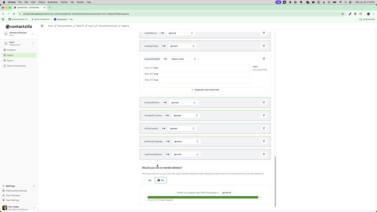 Import process showing how Contactzilla matches records using the hidden Microsoft ID unique field