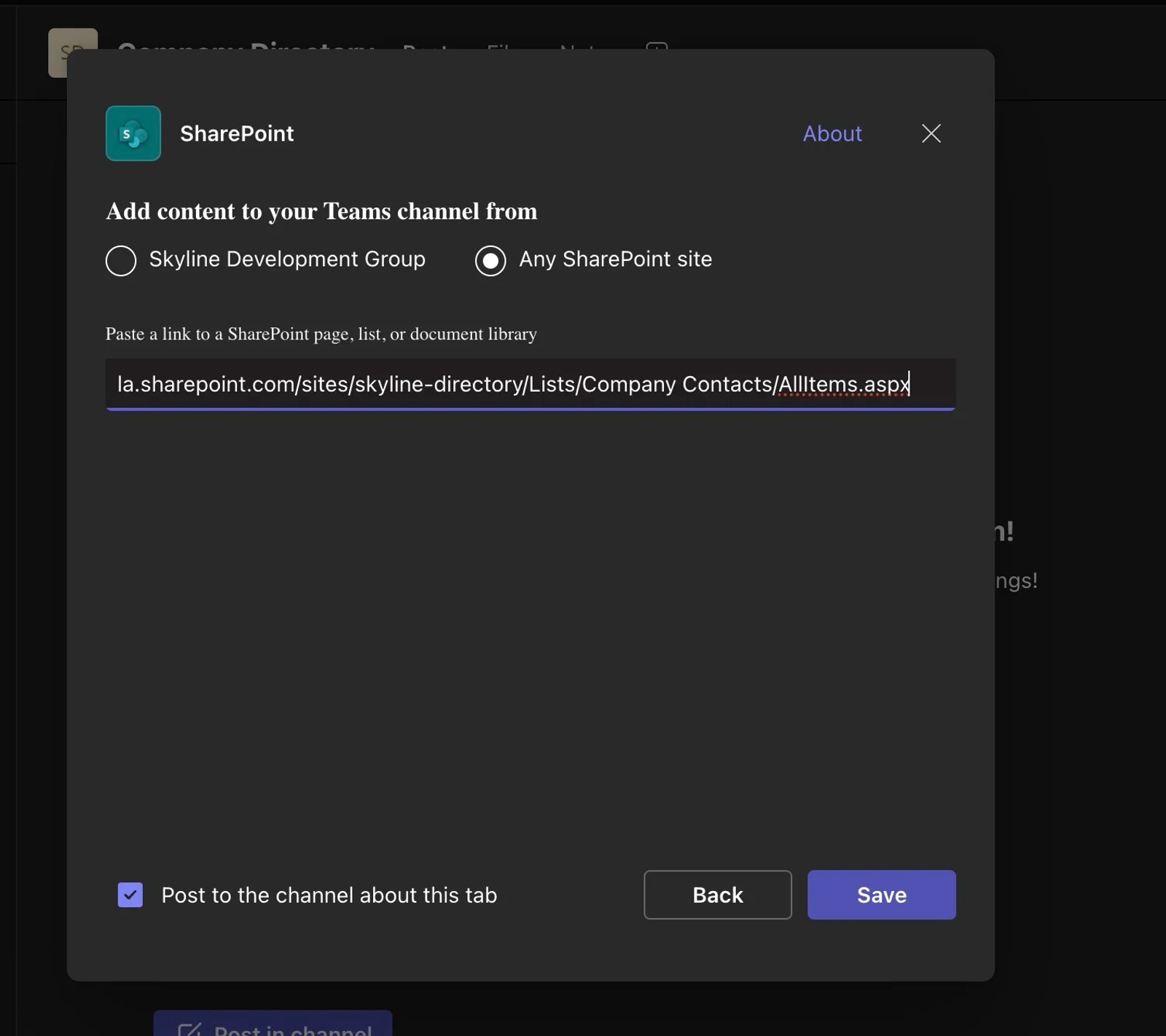 SharePoint contact list blank grid cell hovered with instruction to paste CSV data using Cmd/Ctrl+V into grid view