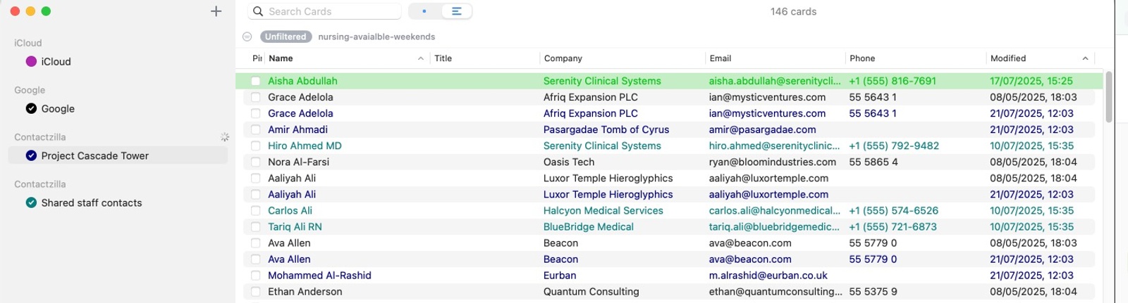 A BusyContacts interface showing multiple CardDAV accounts connected simultaneously, including iCloud, Google, and two separate Contactzilla address books. The left sidebar displays each source clearly, and the main panel shows synced contact records with names, emails, and modified dates.