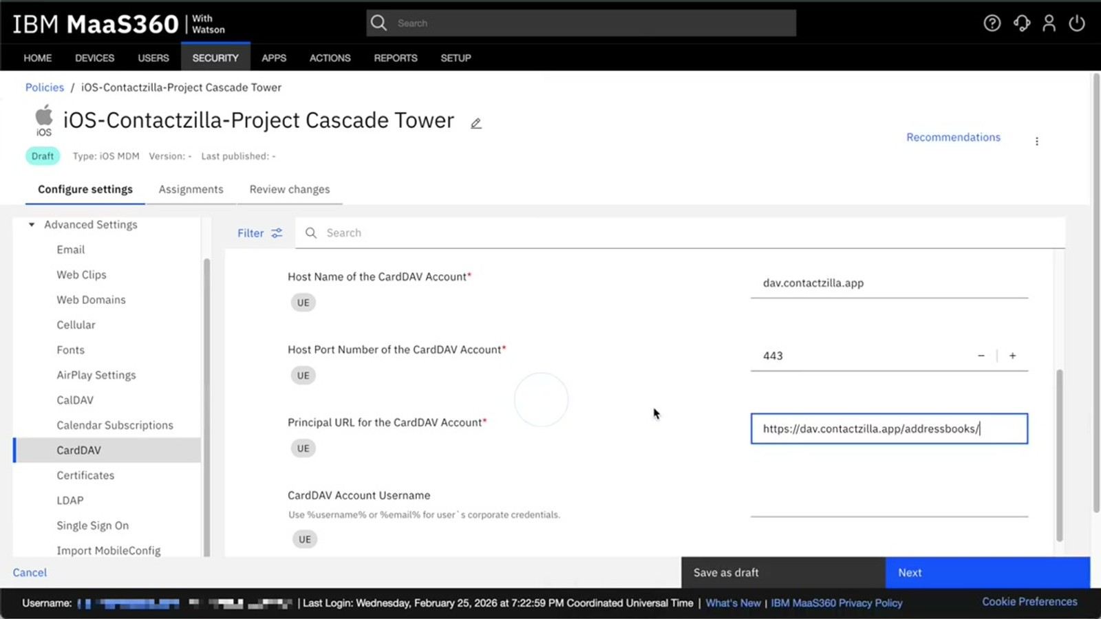 MaaS360 policy editor showing the CardDAV configuration fields including display name, hostname, port, principal URL, username, and password