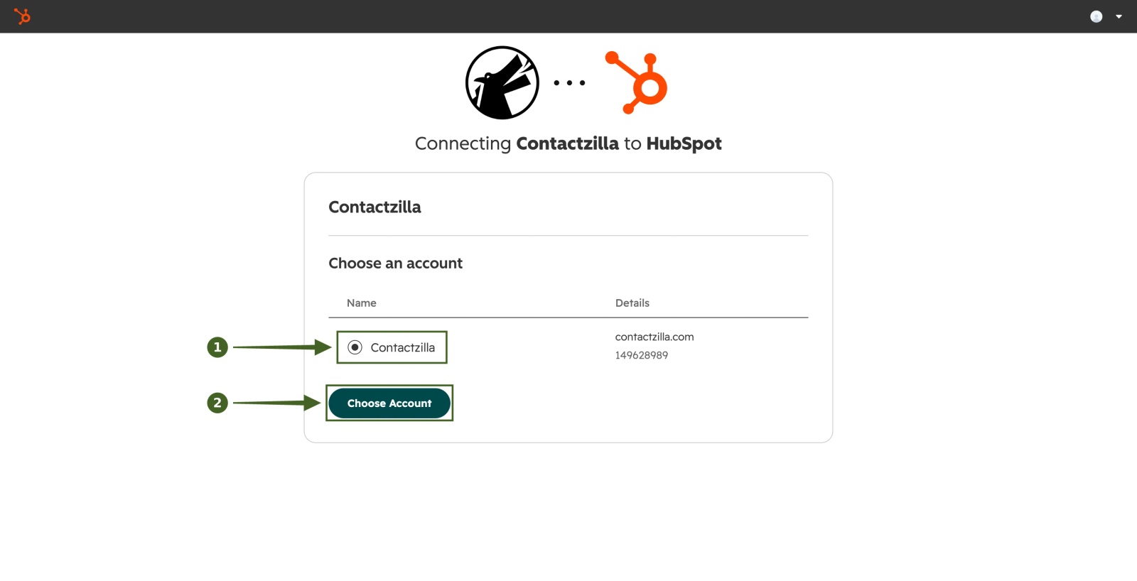 HubSpot Connecting Contactzilla to HubSpot screen with the account selected and the Choose Account button highlighted