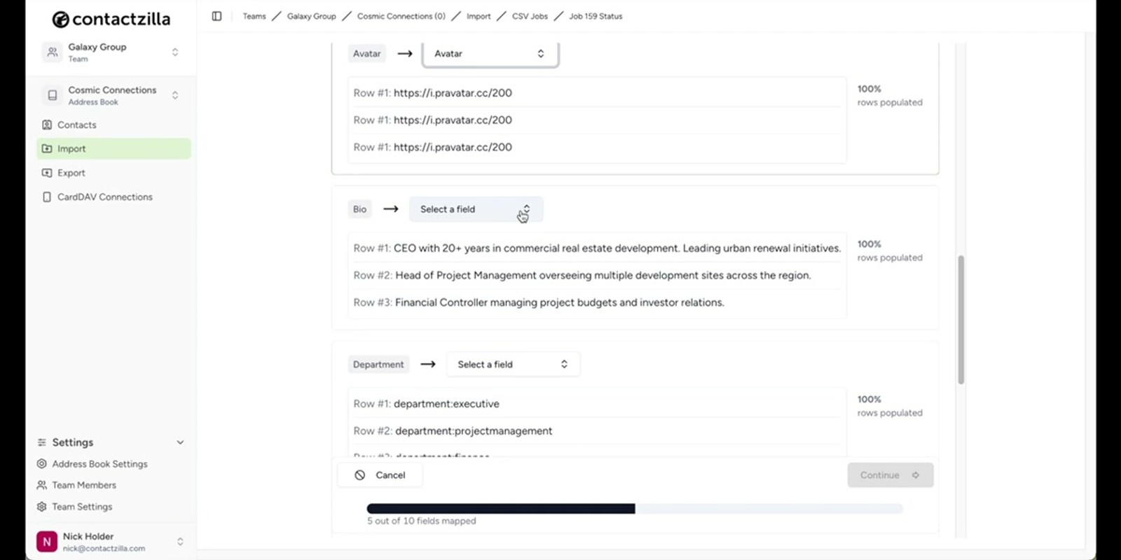 CSV import interface showing the upload area with drag-and-drop zone and Import CSV button