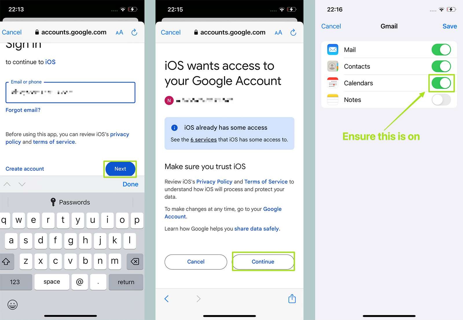 Allowing iOS access to the Google calendar.