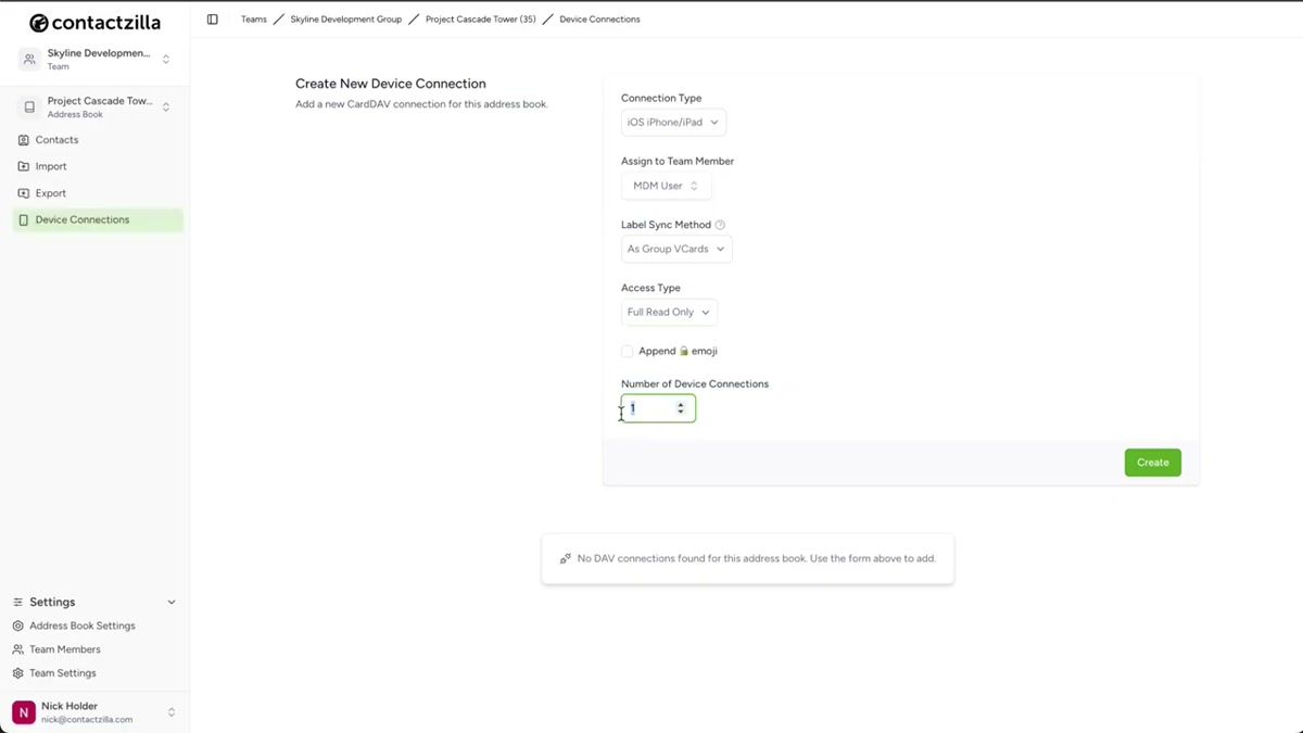 Contactzilla device connection setup screen with the download option for the .mobileconfig file