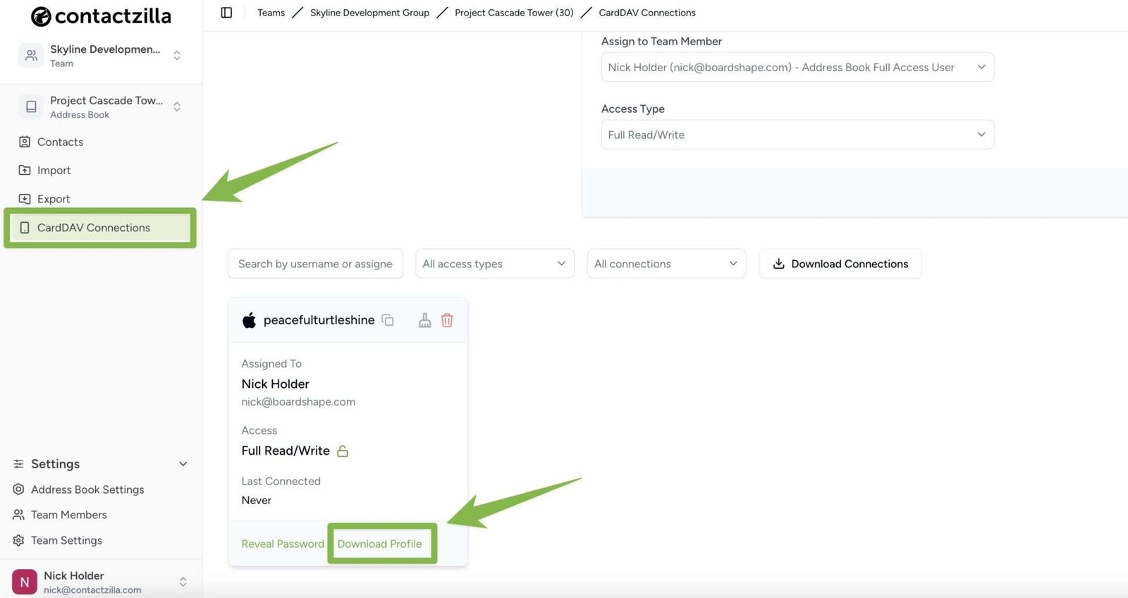 The CardDAV provisioning profile is shown in the CardDAV connections area of your Contactzilla dashboard.