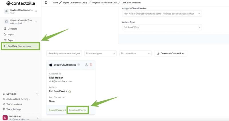 The CardDAV provisioning profile is shown in the CardDAV connections area of your Contactzilla dashboard.