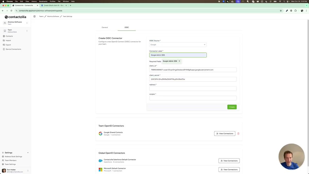Google Cloud Console OAuth client creation screen showing the client ID and secret after creation