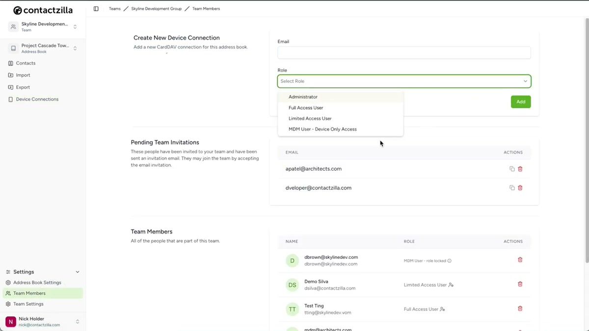 Contactzilla dashboard showing the Device Connections panel with Android selected as the connection type