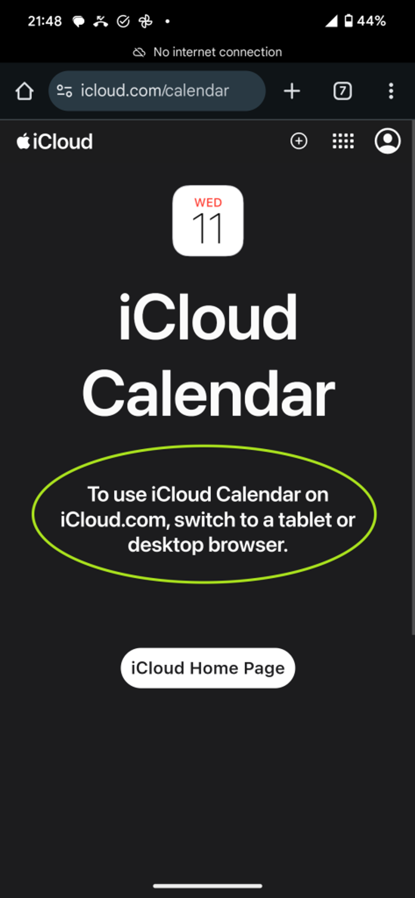 An icloud message stating that the icloud url is not viewable from mobile devices.