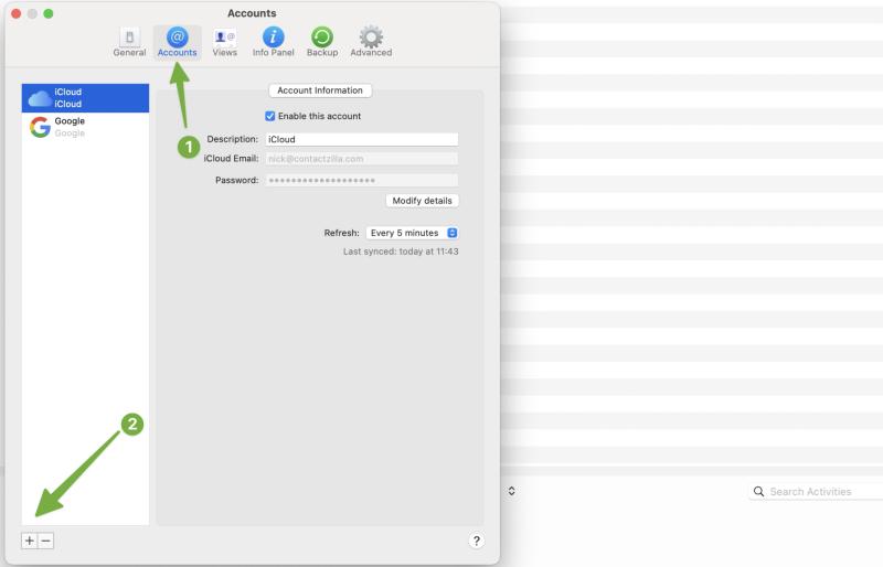 BusyContacts “Accounts” preferences window on macOS. The sidebar shows two existing accounts — ‘iCloud’ (purple dot) and ‘Google’ (black dot). A green arrow labeled “1” points to the highlighted “Accounts” tab at the top. A second green arrow labeled “2” points to the “+” button in the bottom-left corner of the sidebar, which is used to add a new account.