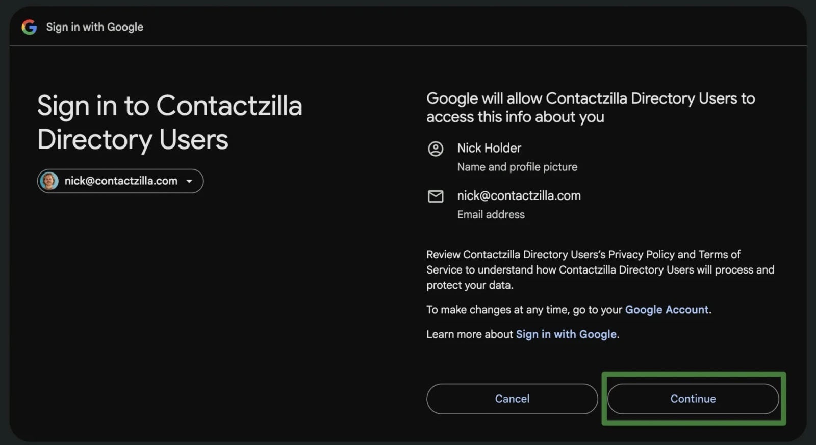 Google OAuth permissions screen showing what Contactzilla Directory Users is requesting before continuing the sign-in process.