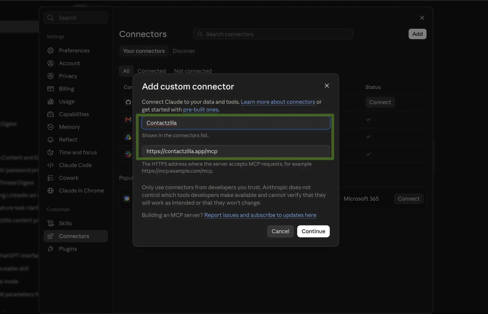 Add custom connector dialog in Claude with the Name field set to Contactzilla and the MCP server URL field set to https://contactzilla.app/mcp.