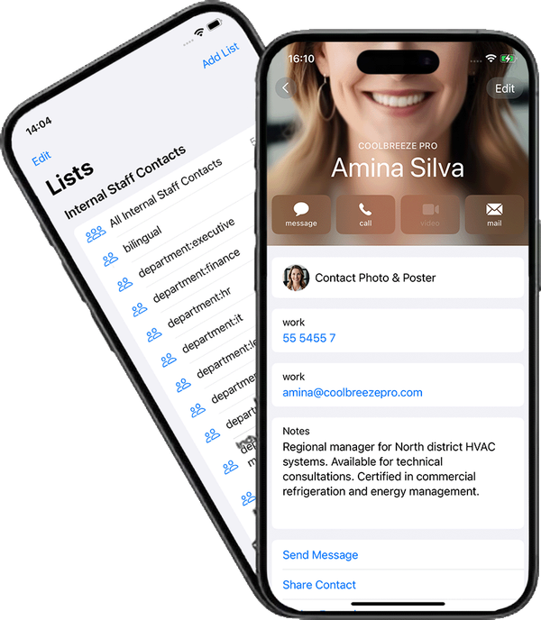 Two iPhones displaying synced contacts from Contactzilla