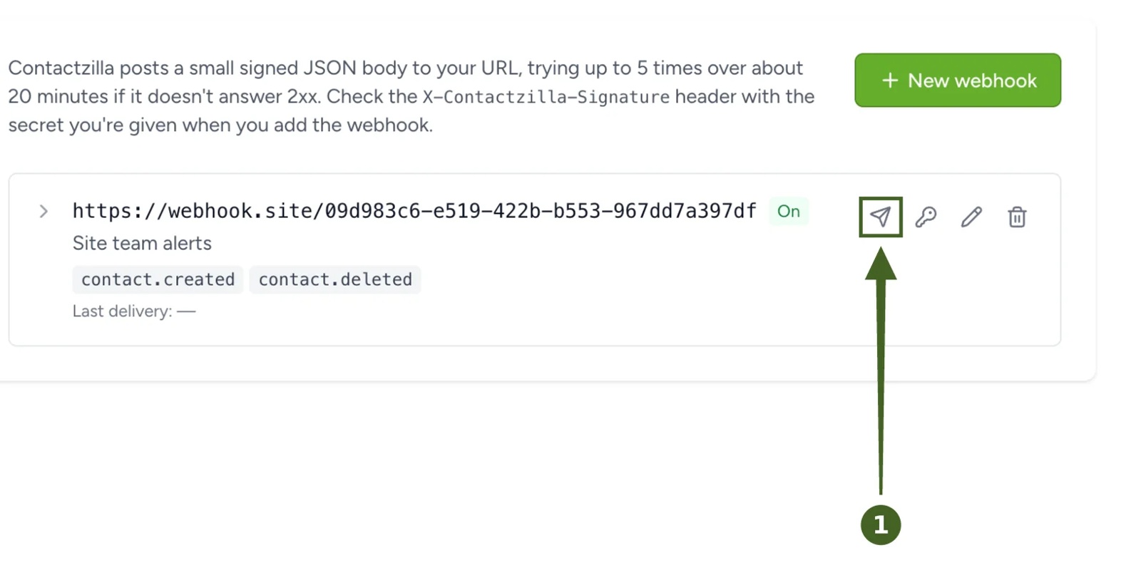 Contactzilla webhook listed in the Webhooks tab with an On badge and its two events, with the Send test icon highlighted.
