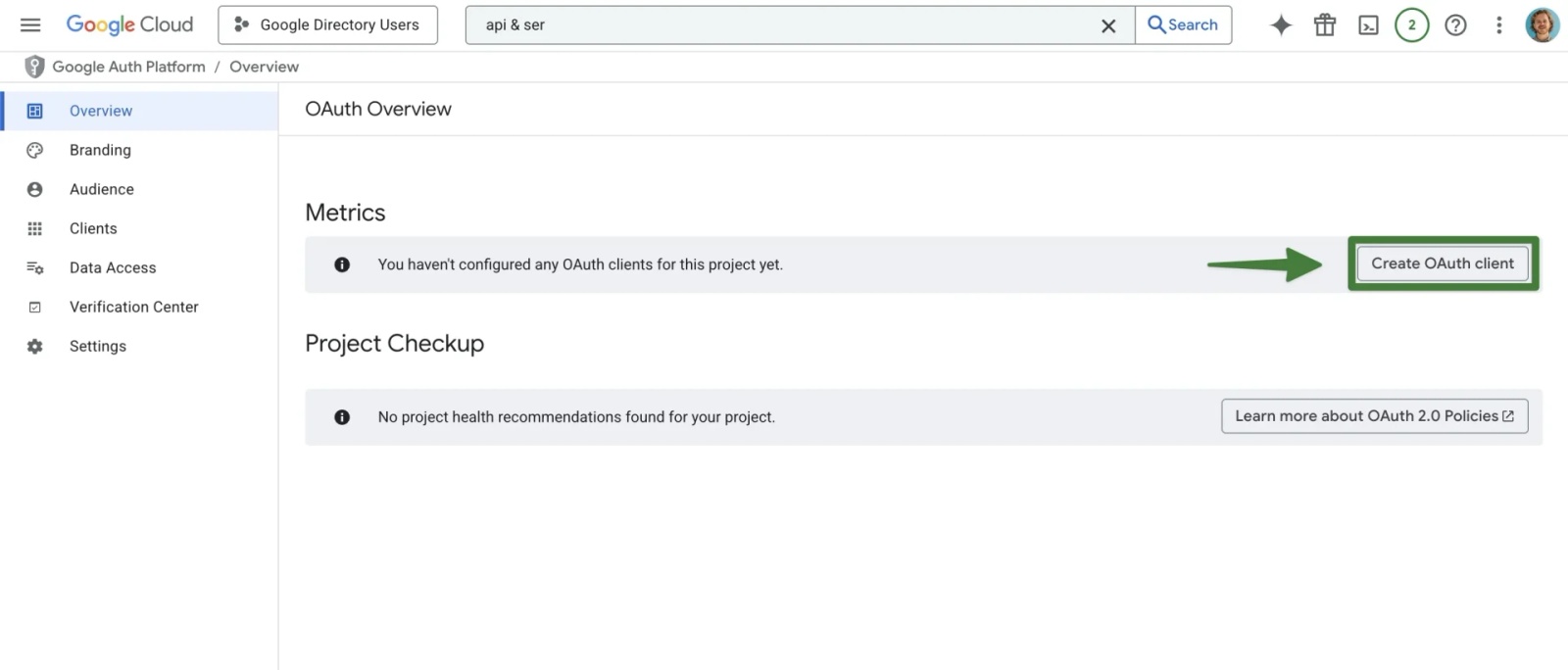 Google Cloud OAuth Overview page showing the Create OAuth client button to generate client credentials.