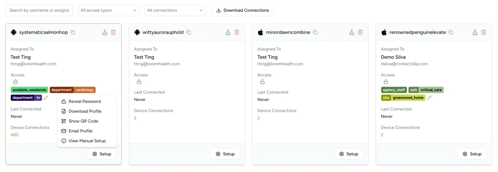 Dashboard view showing four CardDAV connections, two Android and two iOS. Each connection card lists the assigned user (e.g. Test Ting, Demo Silva), device type icon, access level, labels representing address book categories (like ‘cardiology’, ‘critical_care’), and options to reveal password, download profile, show QR code, email profile, or view manual setup.