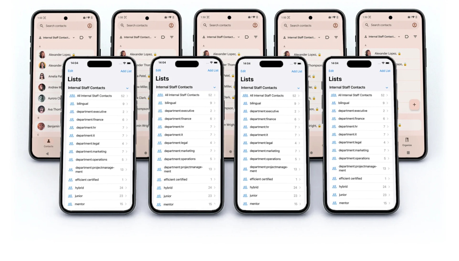 Multiple iOS and Android smartphones displaying synced shared contact lists in Contactzilla, showing internal staff contacts and organized business address book interface on mobile screen.