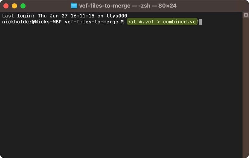 Typing a command in terminal to merge the vcf files into one.