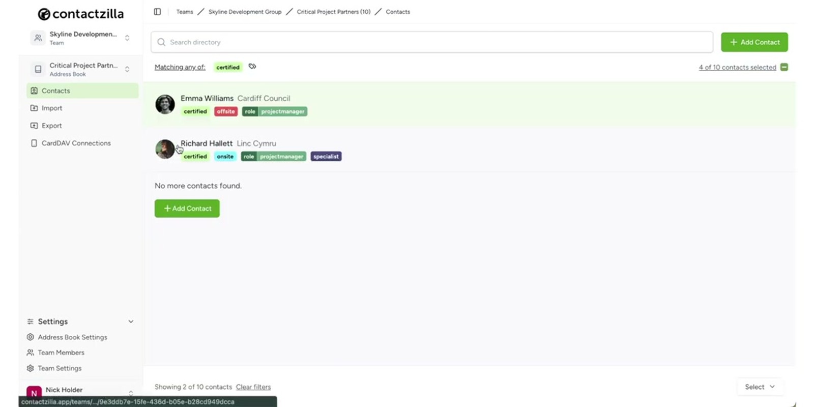 Contactzilla access control panel showing team member permissions with Full Access and Read Only options for different address books