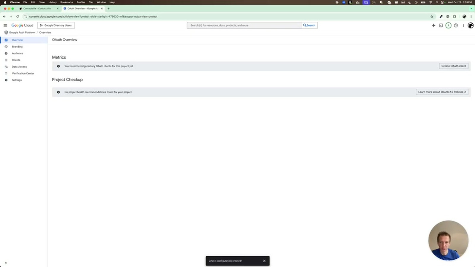 Google OAuth consent screen configuration with Internal user type selected