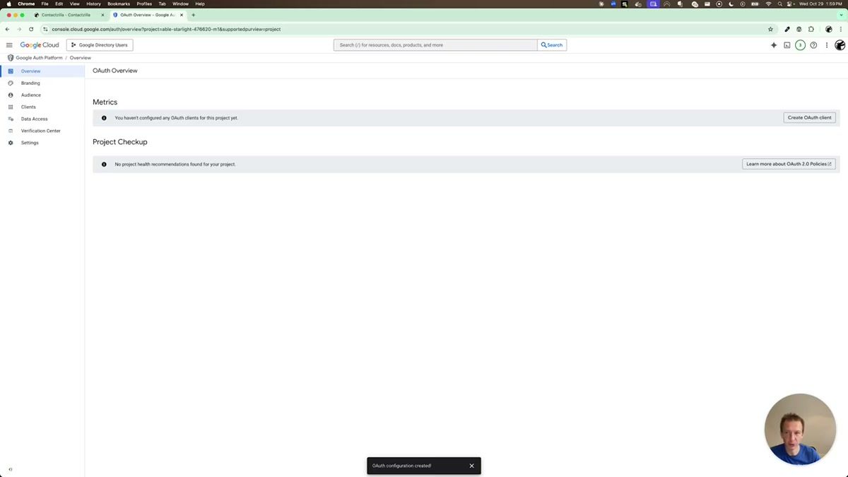 Google OAuth consent screen configuration with Internal user type selected