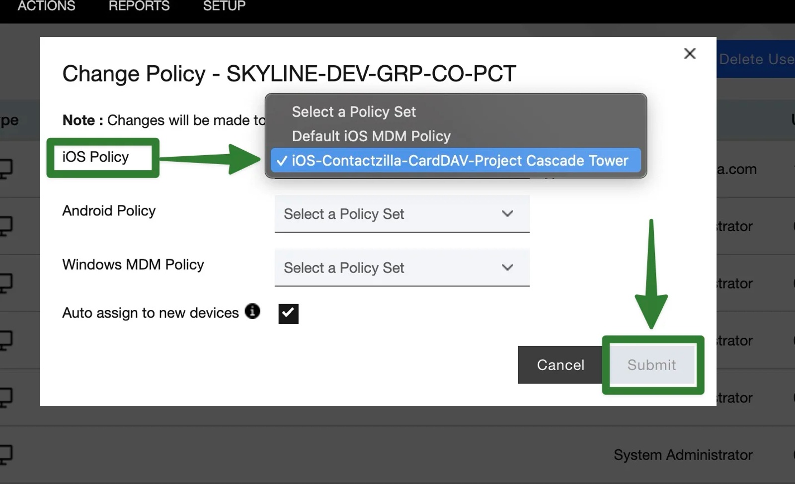 Assign MaaS360 iOS policy to device group for automatic CardDAV contact sync deployment.