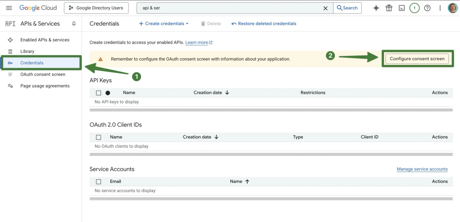 Google Cloud Credentials page with the Configure Consent Screen button highlighted to begin OAuth setup.