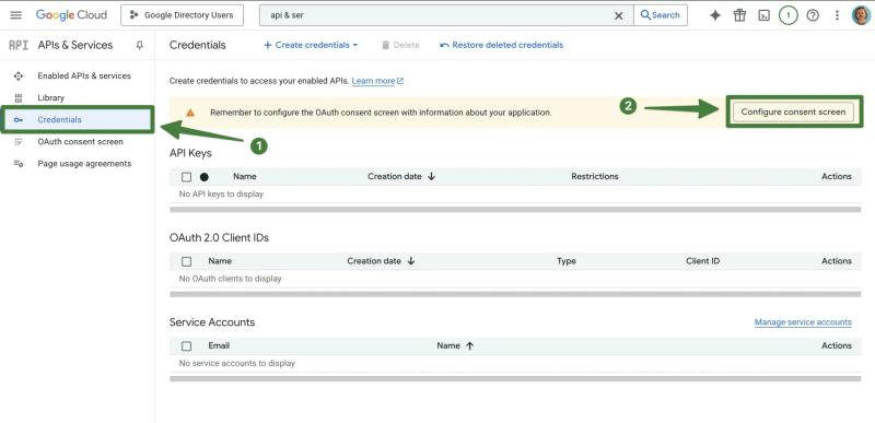Google Cloud Credentials page with the Configure Consent Screen button highlighted to begin OAuth setup.