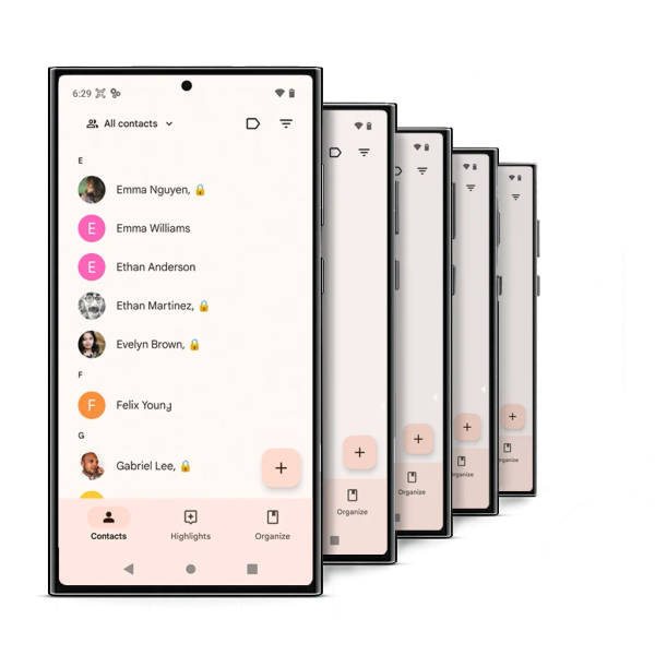 Row of Android phones with Contactzilla contact sync