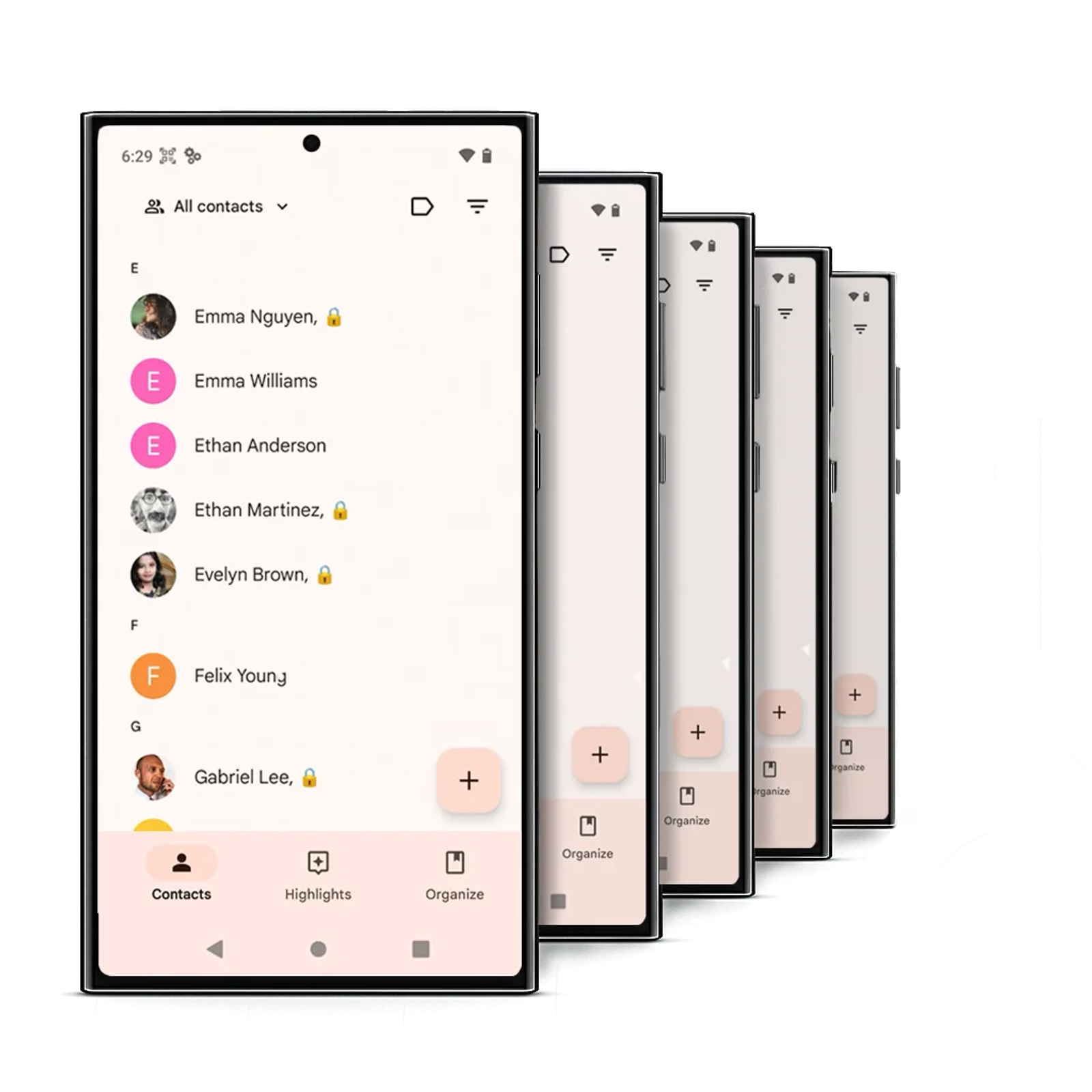 Shared contact list displayed on multiple iPhone devices showing company directory sync across team phones.