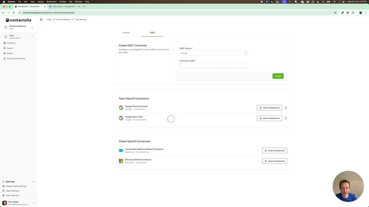 Contactzilla OIDC connector configuration form with Google credentials and scope filled in