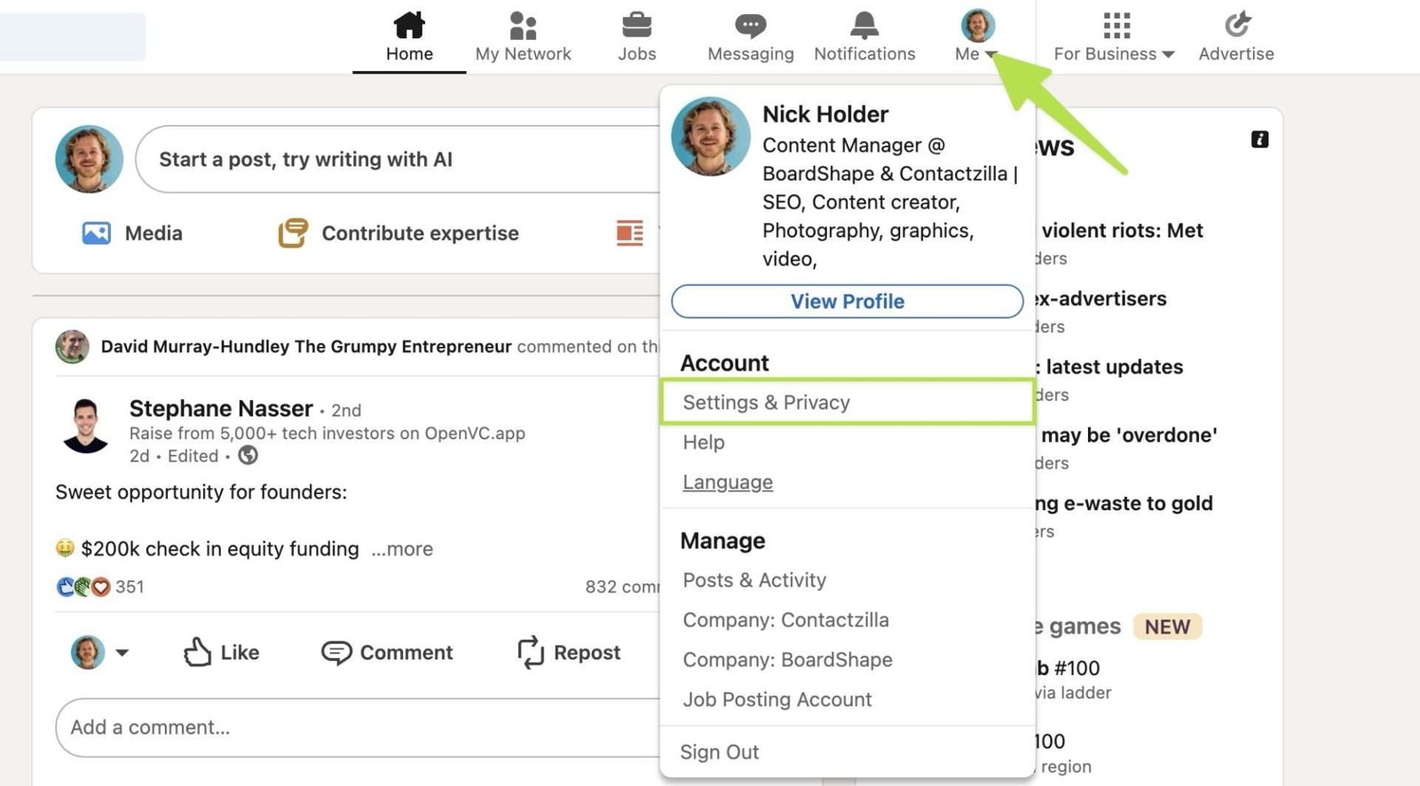 Screen shot of Linkedin and accessing the 'Settings and Privacy' section under your profile.