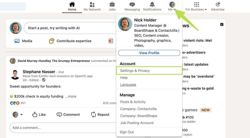 Screen shot of Linkedin and accessing the 'Settings and Privacy' section under your profile.