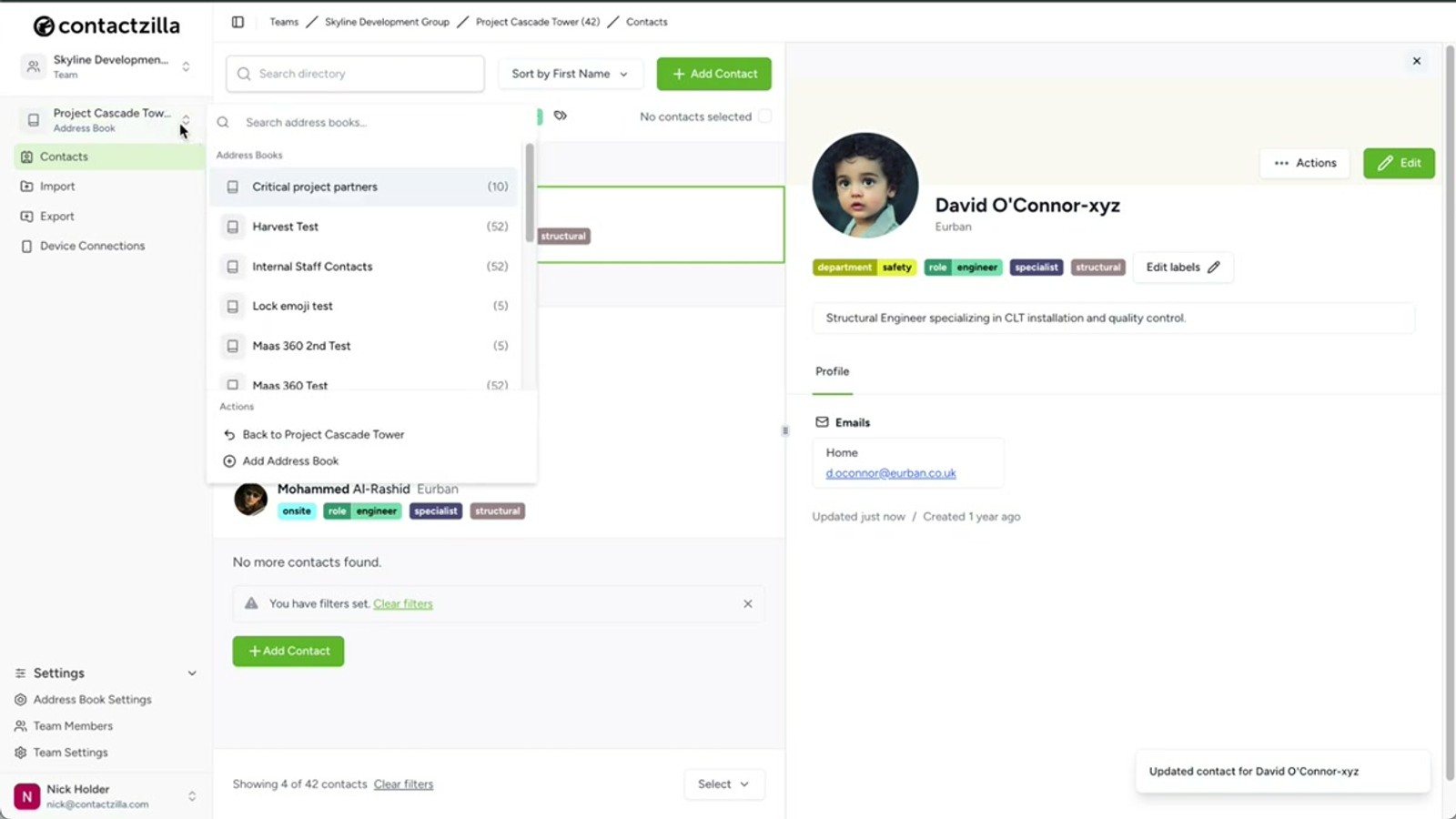 NinjaOne managed configurations tab showing fields for Organization, Managed By, Email, Password, and Account Name populated with values from the JSON file