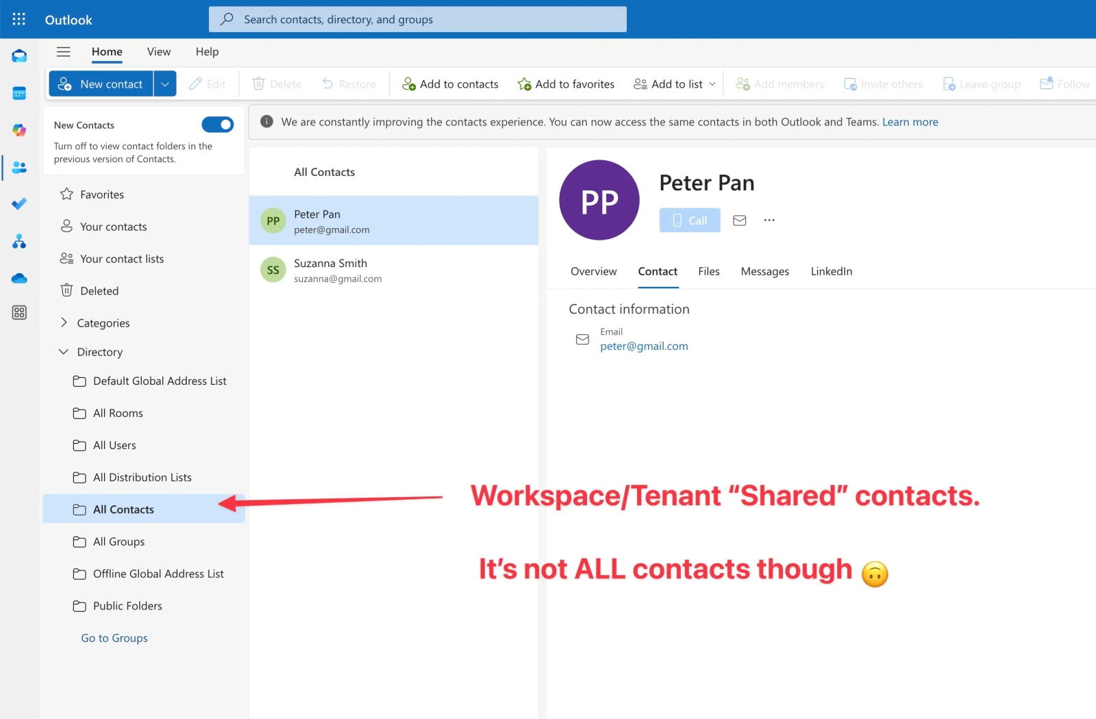 Screenshot of Microsoft Outlook Web showing the “All Contacts” directory view, highlighting that it only displays shared contacts created in the admin center and not all user or personal contacts, despite its name.