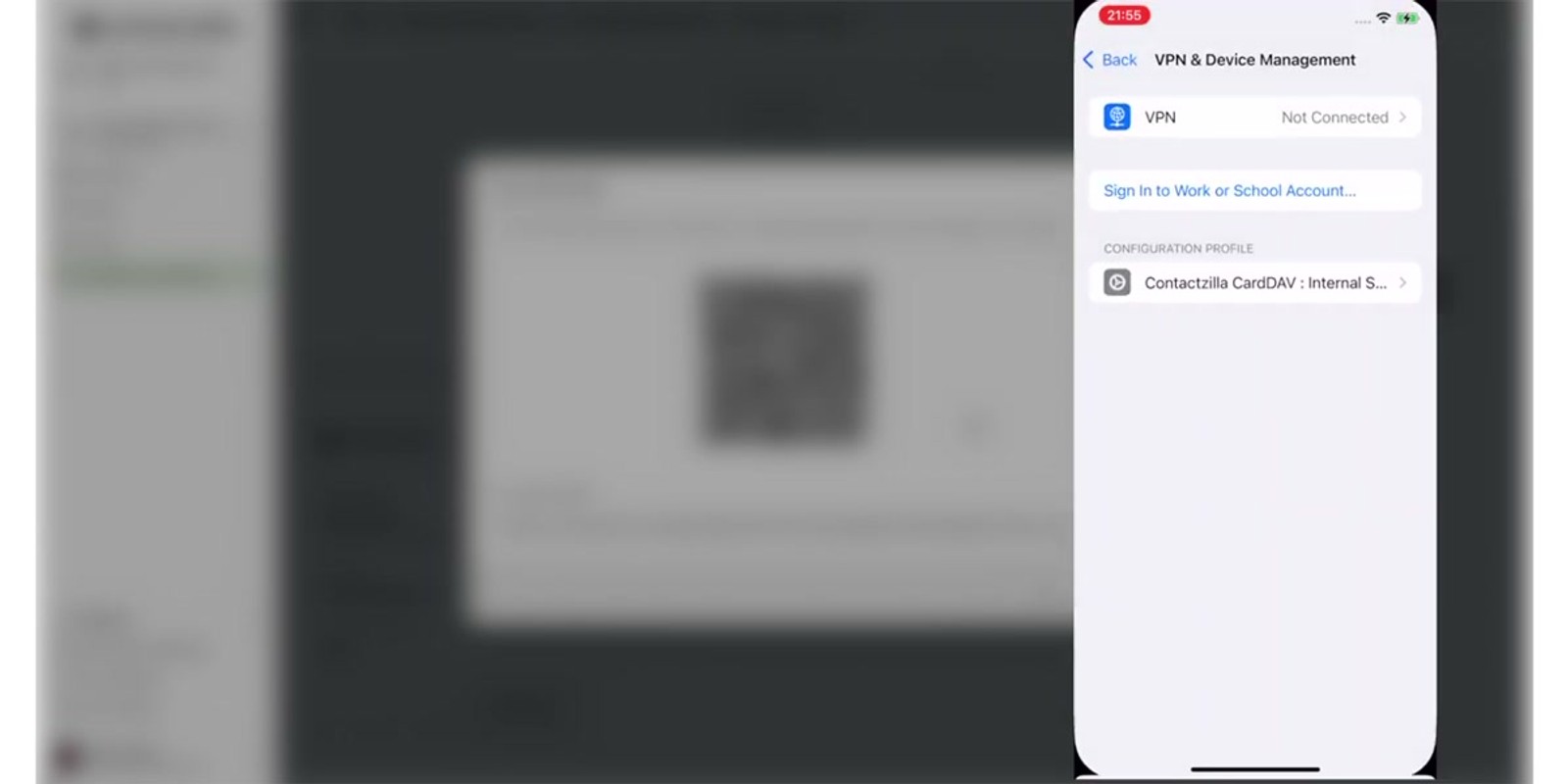 iPhone showing the profile installation screen after scanning a Contactzilla QR code, with the Install button visible in the top right corner
