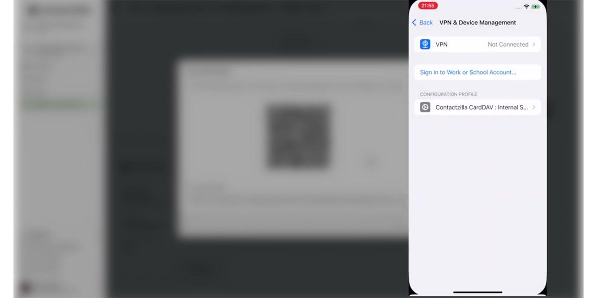 iPhone showing the profile installation screen after scanning a Contactzilla QR code, with the Install button visible in the top right corner