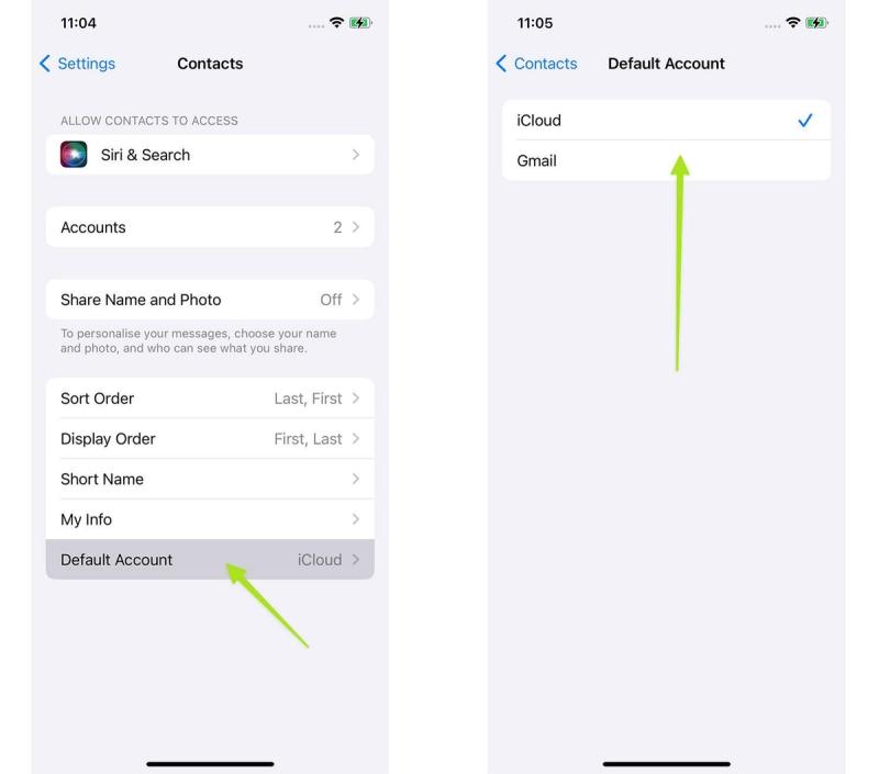 Organizing your iPhone contacts by selecting your default Contacts account between icloud and Gmail.