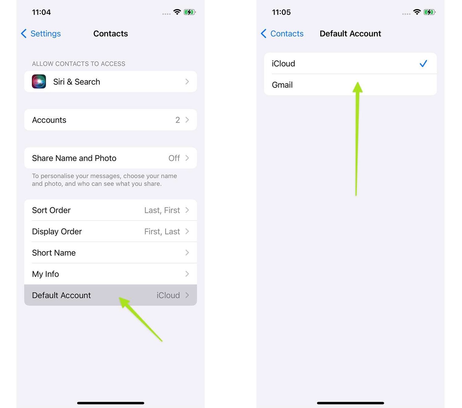 Organizing your iPhone contacts by selecting your default Contacts account between icloud and Gmail.
