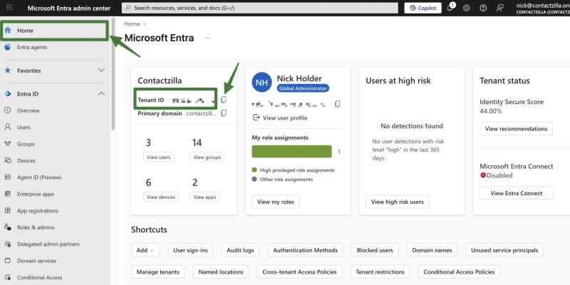 Locate and copy your Microsoft Entra ID tenant ID from the Entra admin center dashboard.