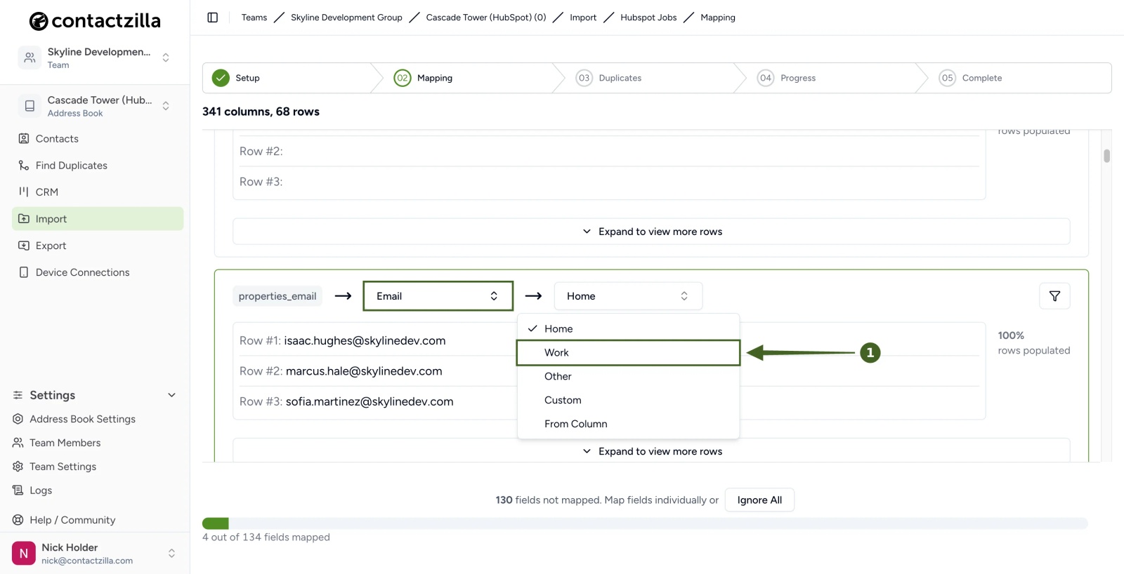 Contactzilla mapping the HubSpot email column to Email, with the label menu open and Work highlighted
