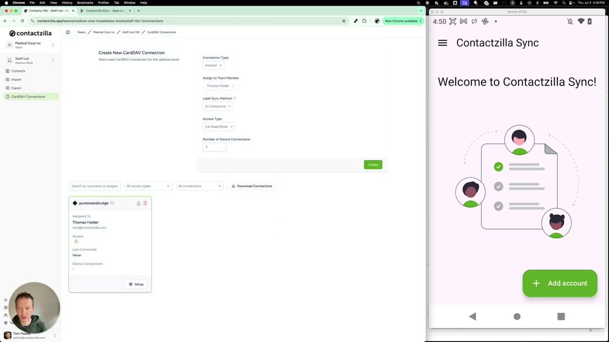 Contactzilla dashboard displaying a QR code for the Android CardDAV connection