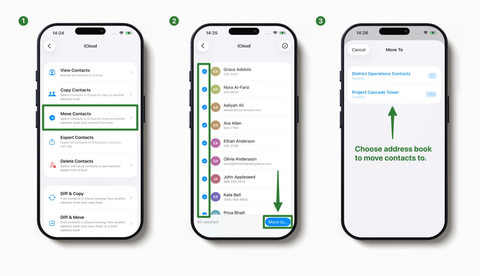 Contactzilla Migration Tools showing how to move selected iPhone contacts from iCloud to another address book.