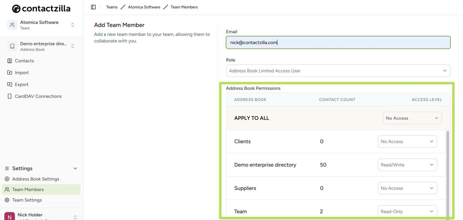 Screenshot showing how you can assign a team member different permissions across multiple address books.