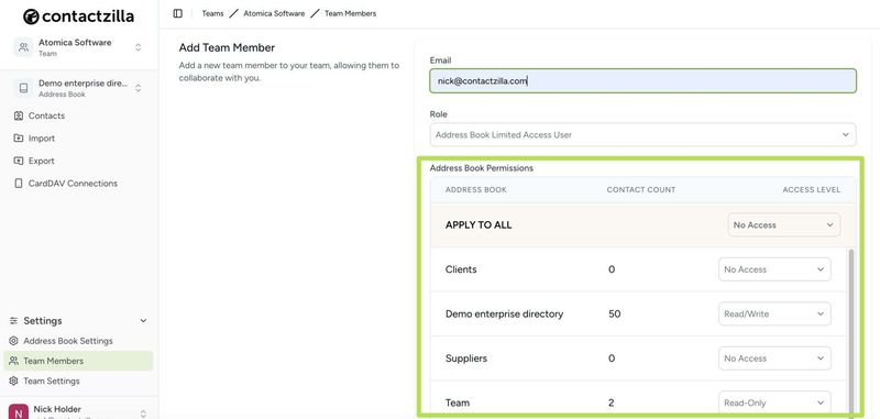 Screenshot showing how you can assign a team member different permissions across multiple address books.