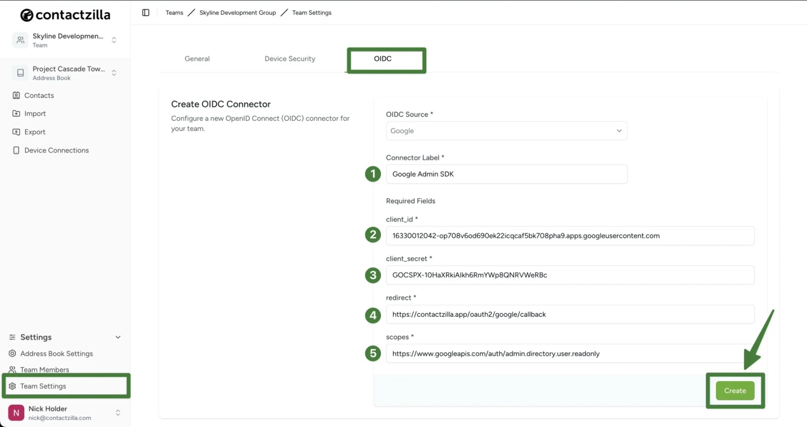 Contactzilla OIDC setup screen showing the Google connector configured with client ID, client secret, redirect URL, and scope before creating the connector.