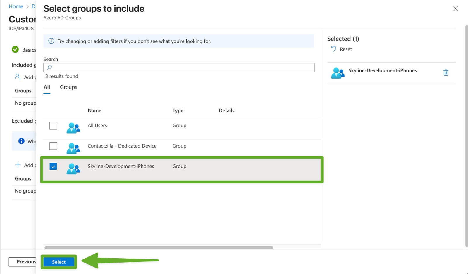 Microsoft Intune group selection screen showing Skyline-Development-iPhones chosen to receive the Contactzilla CardDAV address book.