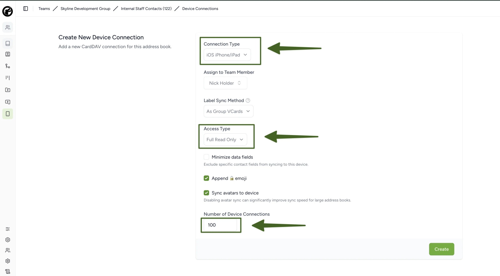 Contactzilla Create New Device Connection form with iOS iPhone/iPad selected, Access Type set to Full Read Only and 100 device connections.