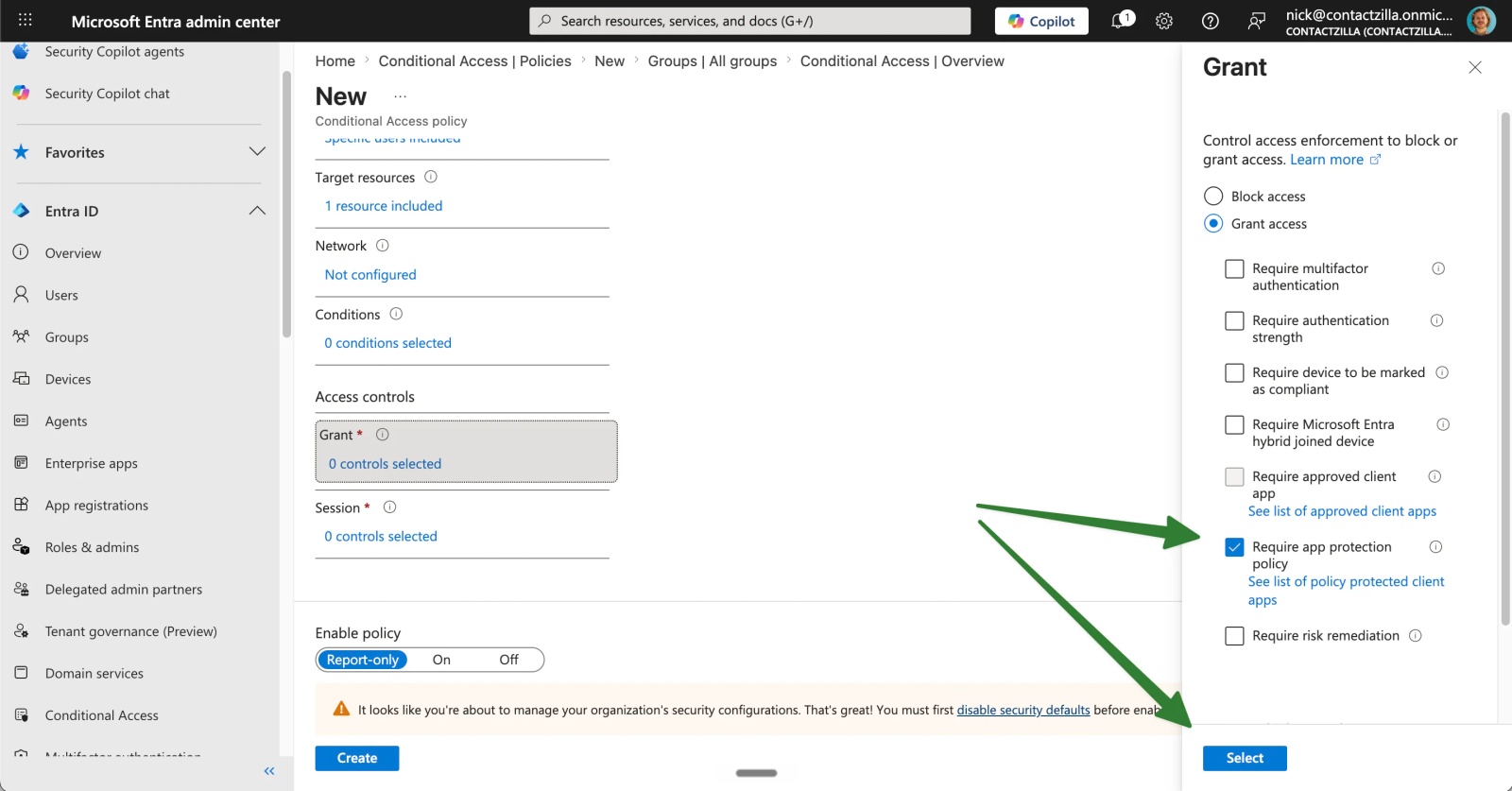 Conditional Access grant control with Require app protection policy selected.